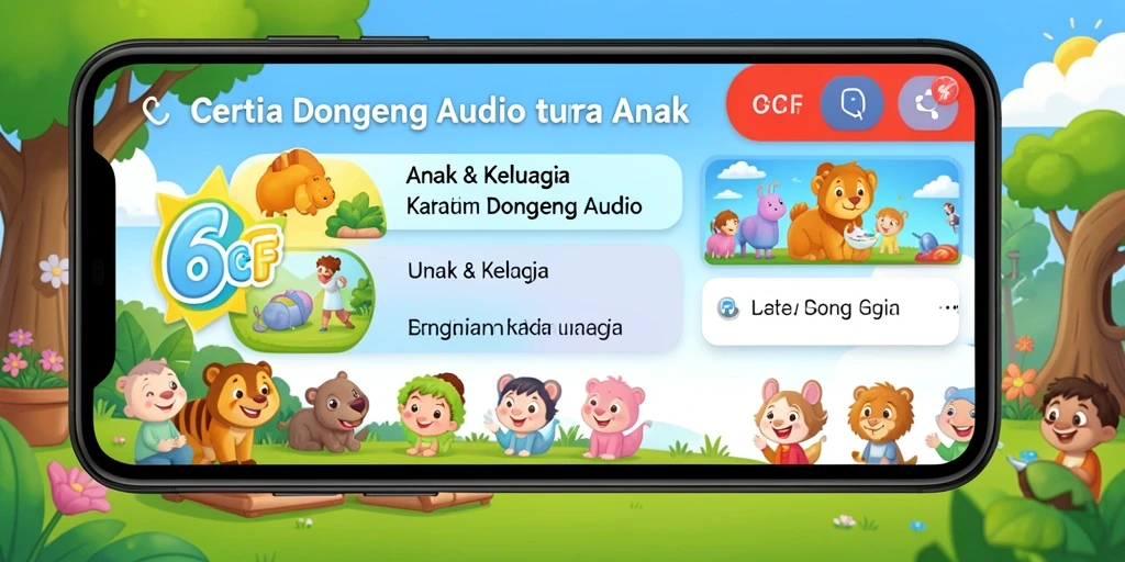 Tampilan antarmuka ceria aplikasi 6CF untuk Dongeng Audio.