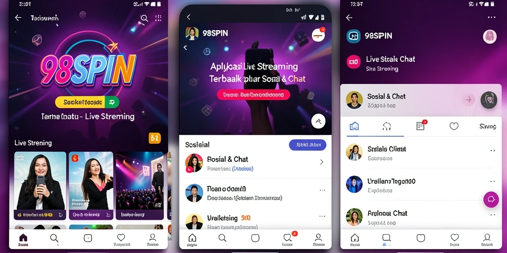 Antarmuka aplikasi 98SPIN yang menarik untuk Live Streaming.
