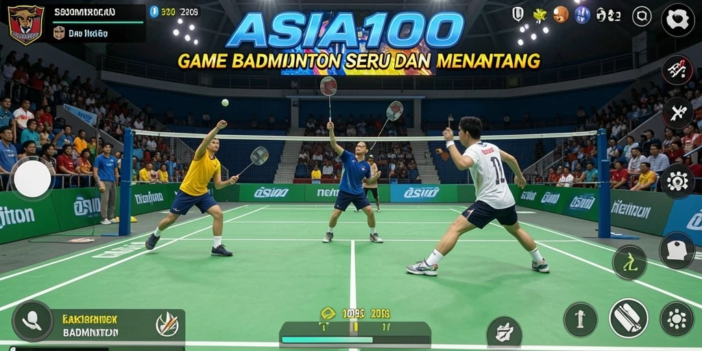 Screenshot ASIA100 menunjukkan antarmuka permainan badminton yang atraktif.