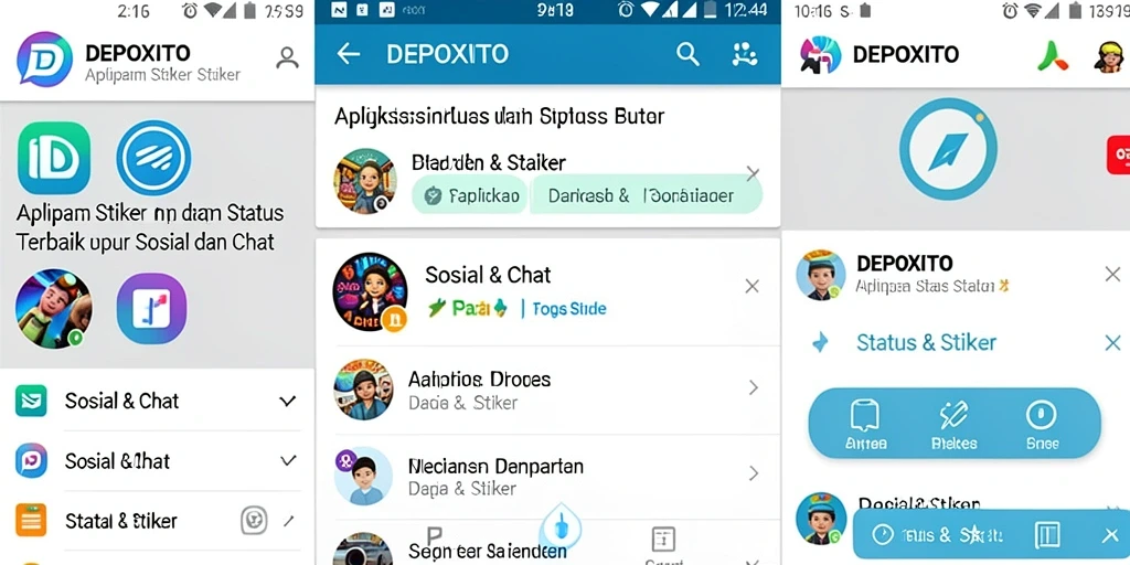 Screenshot aplikasi DEPOXITO menampilkan koleksi stiker dan status yang menarik.