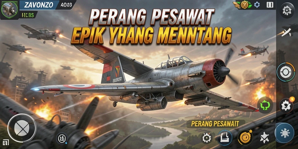Tampilan antarmuka ZAVONZO menampilkan aksi pertempuran udara yang mendebarkan.
